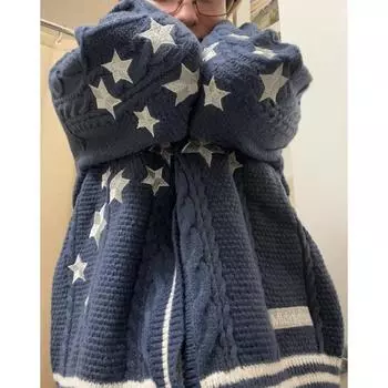 Женский осенне-зимний новый вязаный вышитый кардиган темпераментный возрастной Уменьшение свободного покроя свитер пальто однотонный S темно-синий