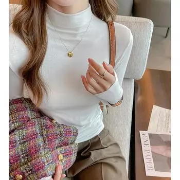 Женский осенне-зимний облегающий топ с длинным рукавом и полувысоким воротом S чёрный