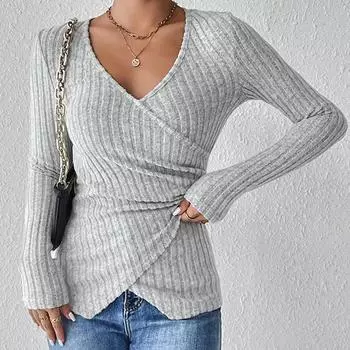 Женский осенне-зимний облегающий топ с длинными рукавами и V-образным вырезом и разрезом, модный укороченный топ с ямками S серый