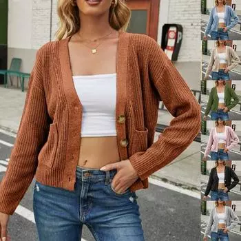 Женский осенне-зимний однотонный кардиган на пуговицах с v-образным вырезом, вязаный свободный короткий кардиган, свитер M синий