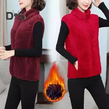 Женский осенне-зимний однотонный плюшевый жилет с воротником-стойкой, карманы без рукавов, карманы на молнии, утолщенный двухсторонний флисовый жилет, пальто XL чёрный