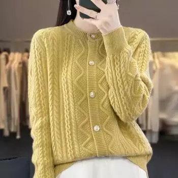 Женский осенне-зимний однотонный повседневный топ с V-образным вырезом, длинный рукав, трикотажный свитер, кардиган One Size жёлтый