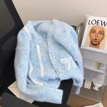 Женский осенне-зимний однотонный повседневный топ с V-образным вырезом, длинный рукав, трикотажный свитер, кардиган One Size синий