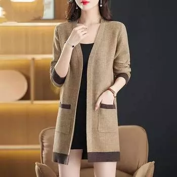 Женский осенне-зимний однотонный повседневный топ с V-образным вырезом, длинный рукав, трикотажный свитер, кардиган One Size красный