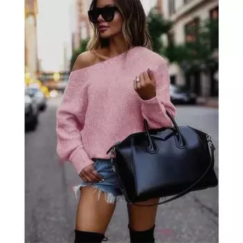 Женский осенне-зимний однотонный пуловер с одним лацканом и длинными рукавами, свитер-летучая мышь S розовый