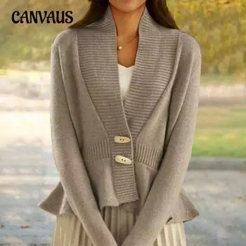 Женский осенне-зимний однотонный ретро вязаный кардиган с V-образным вырезом и оборками по подолу, свитер, куртка S чёрный