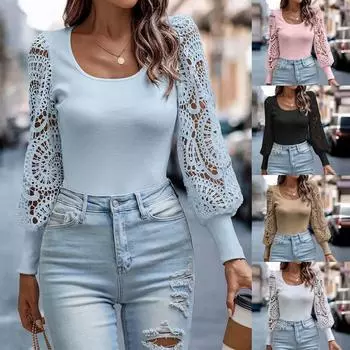 Женский осенне-зимний однотонный сексуальный вязаный топ с круглым вырезом и длинным рукавом с цветочным принтом L чёрный