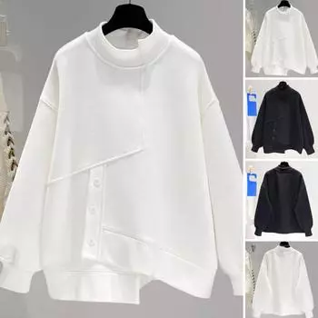 Женский осенне-зимний однотонный свитшот с высоким воротником и длинными рукавами, пуловер с неровным подолом, топы, декор на пуговицах, уличная одежда M белый