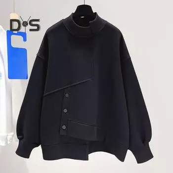 Женский осенне-зимний однотонный свитшот с высоким воротником и длинными рукавами, пуловер с неровным подолом, топы, декор на пуговицах, уличная одежда M чёрный