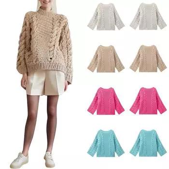 Женский осенне-зимний однотонный свободный свитер с круглым вырезом и расклешенными рукавами L бежевый