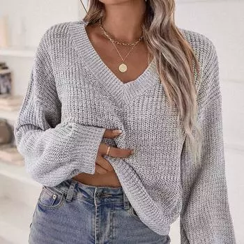Женский осенне-зимний однотонный свободный свитер с длинным рукавом и V-образным вырезом S серый