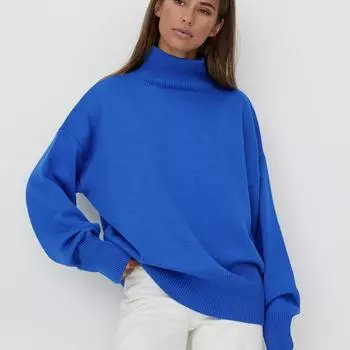 Женский осенне-зимний однотонный свободный вязаный повседневный универсальный свитер с длинным рукавом и высоким воротом S зелёный