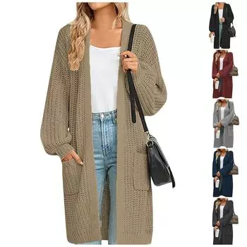 Женский осенне-зимний однотонный свободный вязаный свитер, карманный свитер средней длины L чёрный