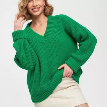 Женский осенне-зимний однотонный свободный вязаный свитер с v-образным вырезом и длинным рукавом, повседневный универсальный свитер S зелёный