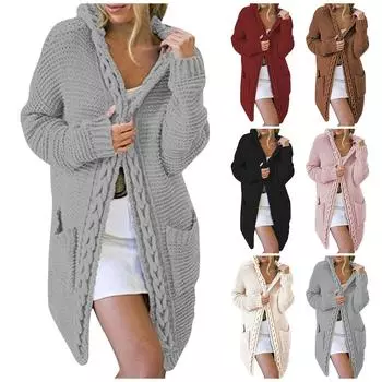 Женский осенне-зимний однотонный свободный вязаный свитер с карманом и капюшоном L бежевый