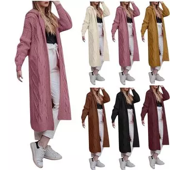 Женский осенне-зимний однотонный свободный вязаный свитер средней длины с капюшоном, свитер XXXXXL коричневый