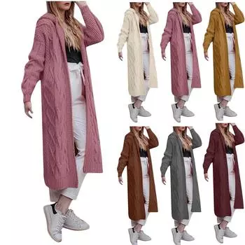 Женский осенне-зимний однотонный свободный вязаный свитер средней длины с капюшоном, свитер S коричневый