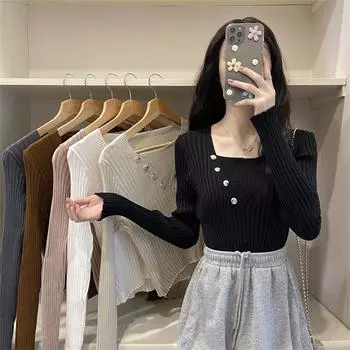 Женский осенне-зимний однотонный трикотаж с длинным рукавом, свитер, верхняя одежда хаки