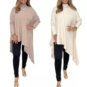 Женский осенне-зимний однотонный трикотажный топ с высоким воротником и длинными рукавами, удобный низ с неравномерным низом S