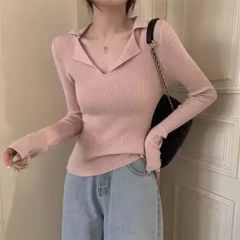 Женский осенне-зимний однотонный вязаный джемпер с V-образным вырезом в стиле темперамент one size fits all розовый