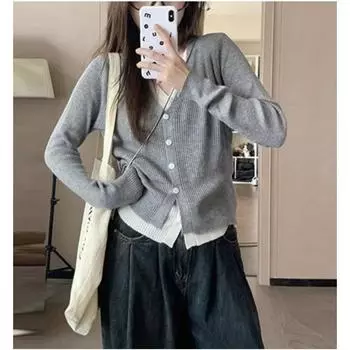 Женский осенне-зимний однотонный вязаный кардиган с V-образным вырезом, свитер контрастных цветов one size fits all серый