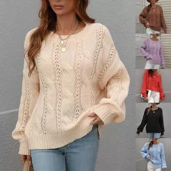 Женский осенне-зимний однотонный вязаный свитер с круглым вырезом и длинными рукавами, пуловер, свитер L бежевый