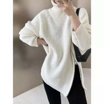 Женский осенне-зимний однотонный вязаный свитер с напуском и высоким воротником на молнии one size серый