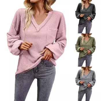 Женский осенне-зимний однотонный вязаный свитер с v-образным вырезом и длинными рукавами L армия зеленый