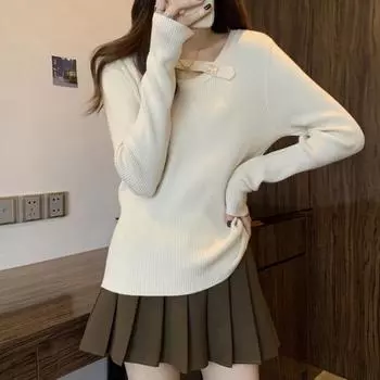 Женский осенне-зимний однотонный вязаный свитер с неровным вырезом One Size абрикосовый