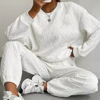 Женский осенне-зимний однотонный жаккардовый повседневный комплект из толстовки и брюк с круглым вырезом и длинными рукавами S