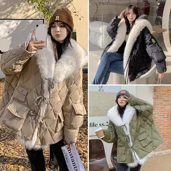 Женский осенне-зимний оверсайз-пуховик высокого класса с плюшевым воротником и свободной курткой XL