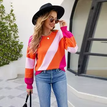 Женский осенне-зимний пэчворк круглый вырез свободный вязаный свитер S ярко-розовый