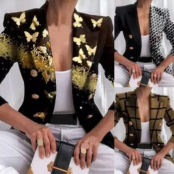 Женский осенне-зимний пиджак с лацканами и длинными рукавами, одинаковый по цвету принт, двубортный пиджак с пуговицами и манжетами, облегающий короткий костюм, пальто 2XL коричневый