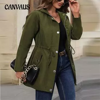 Женский осенне-зимний плащ больших размеров с капюшоном и курткой средней длины с поясом 1XL армия зеленый