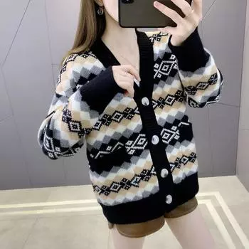 Женский осенне-зимний полосатый повседневный топ с V-образным вырезом, длинный рукав, трикотажный свитер, кардиган One Size красный