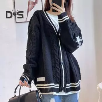 Женский осенне-зимний полосатый свитер, пальто с v-образным вырезом и длинными рукавами, однобортная верхняя одежда со звездным принтом и текстурой, трикотажное пальто L красный