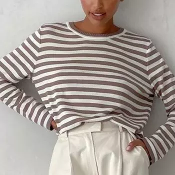 Женский осенне-зимний полосатый свитер с длинными рукавами, удобный повседневный свитер S верблюд