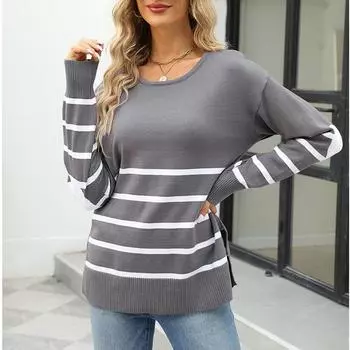 Женский осенне-зимний полосатый свитер с длинными рукавами и цветовым сочетанием S серый