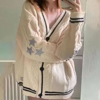 Женский осенне-зимний полосатый свитер с v-образным вырезом и длинным рукавом, однобортная верхняя одежда со звездным принтом и текстурой, трикотажное пальто S серый