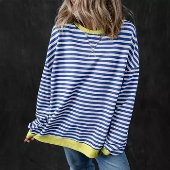 Женский осенне-зимний полосатый свободный свитер с капюшоном и длинными рукавами S королевский синий