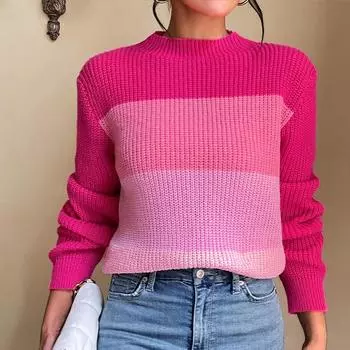 Женский осенне-зимний полосатый свободный трикотажный свитер с длинным рукавом и круглым вырезом S розовый