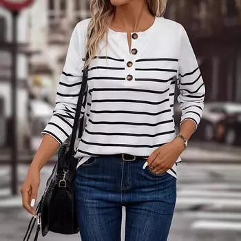 Женский осенне-зимний полосатый топ с круглым вырезом и длинными рукавами больших размеров S белый