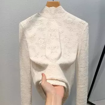 Женский осенне-зимний полувысокий ворот с кружевным верхом S абрикосовый