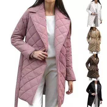 Женский осенне-зимний пояс средней длины, модный пуховик с ромбовидной решеткой и лацканами на талии L чёрный