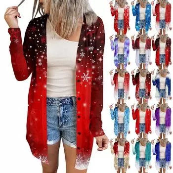 Женский осенне-зимний повседневный кардиган с принтом, длинными рукавами и карманами XL небесно-голубой