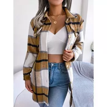 Женский осенне-зимний повседневный клетчатый пиджак с длинными рукавами и завязками из утолщенного твида S хаки
