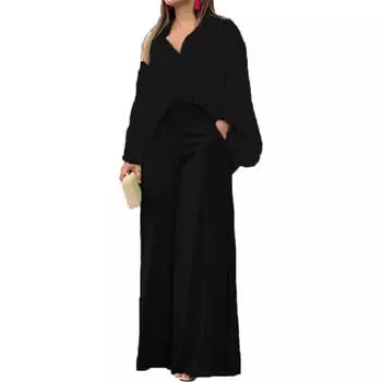 Женский осенне-зимний повседневный комплект, свободная рубашка на пуговицах с лацканами, широкие брюки с высокой талией и карманами, комплект из двух предметов XXXL чёрный