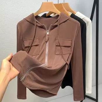 Женский осенне-зимний повседневный облегающий топ с капюшоном на молнии M белый