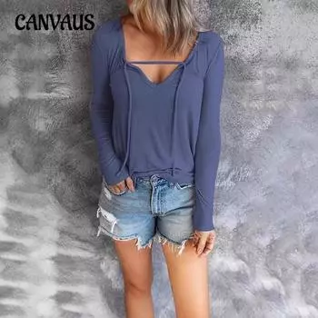 Женский осенне-зимний повседневный однотонный свитер с V-образным вырезом и завязками, тонкий топ с длинными рукавами и принтом S чёрный