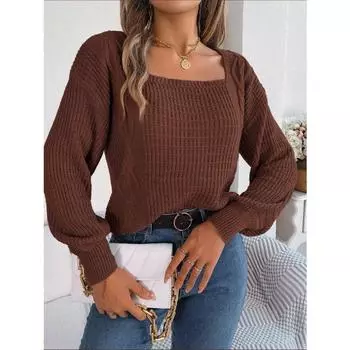 Женский осенне-зимний повседневный однотонный вязаный свитер с квадратным вырезом и рукавами-фонариками S армия зеленый